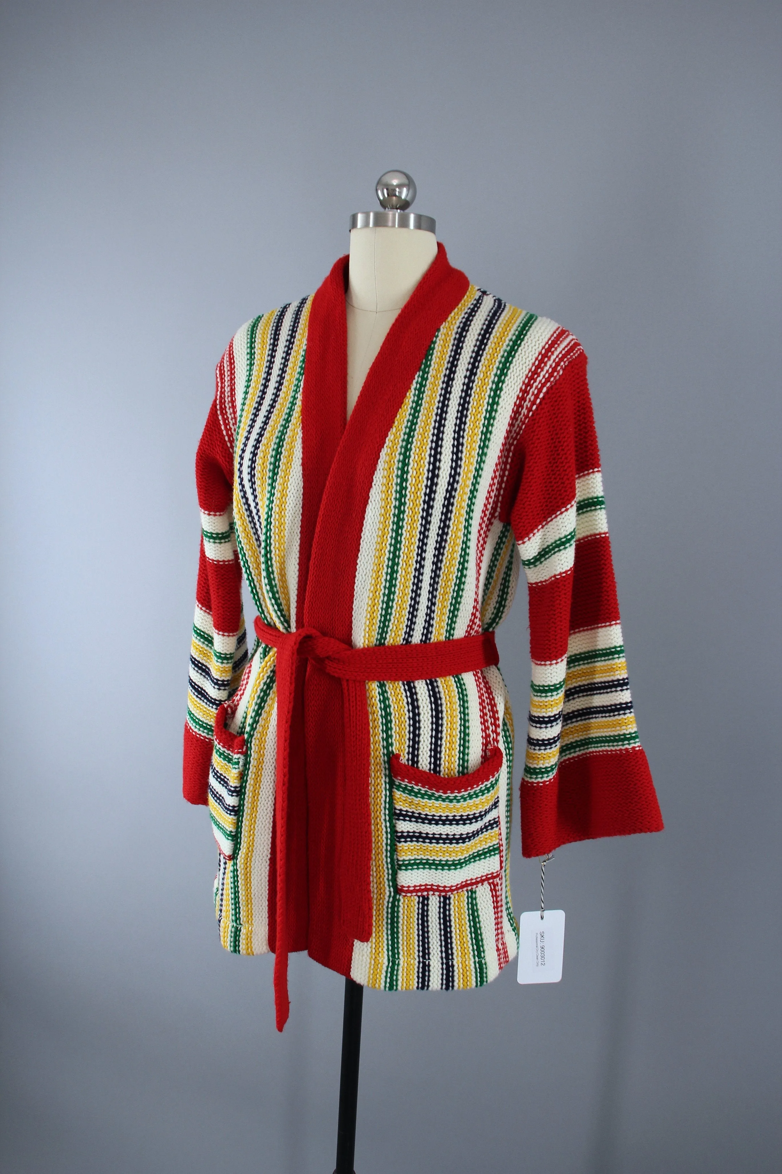 1970s Vintage Red Striped Wrap Cardigan Belted Sweater