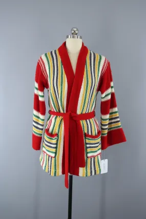 1970s Vintage Red Striped Wrap Cardigan Belted Sweater