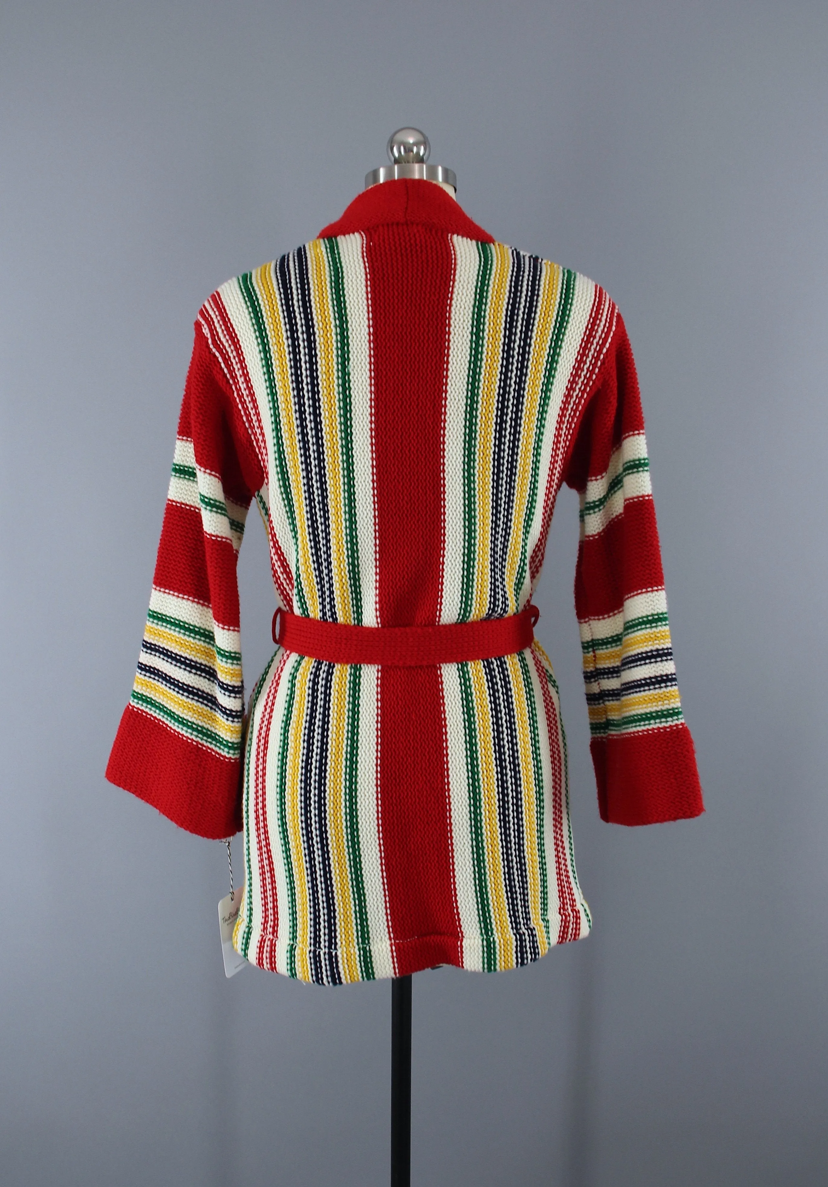 1970s Vintage Red Striped Wrap Cardigan Belted Sweater