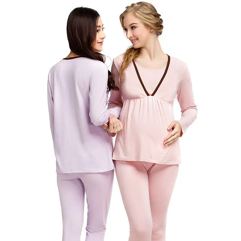 2Pcs Maternity Nursing Feeding Long Johns Set