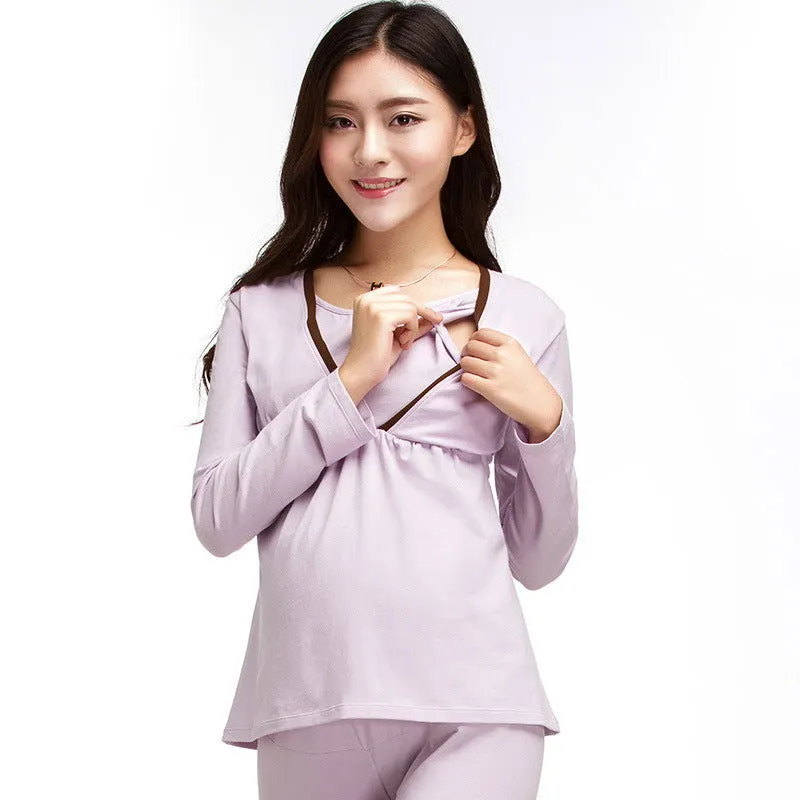 2Pcs Maternity Nursing Feeding Long Johns Set