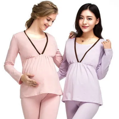 2Pcs Maternity Nursing Feeding Long Johns Set