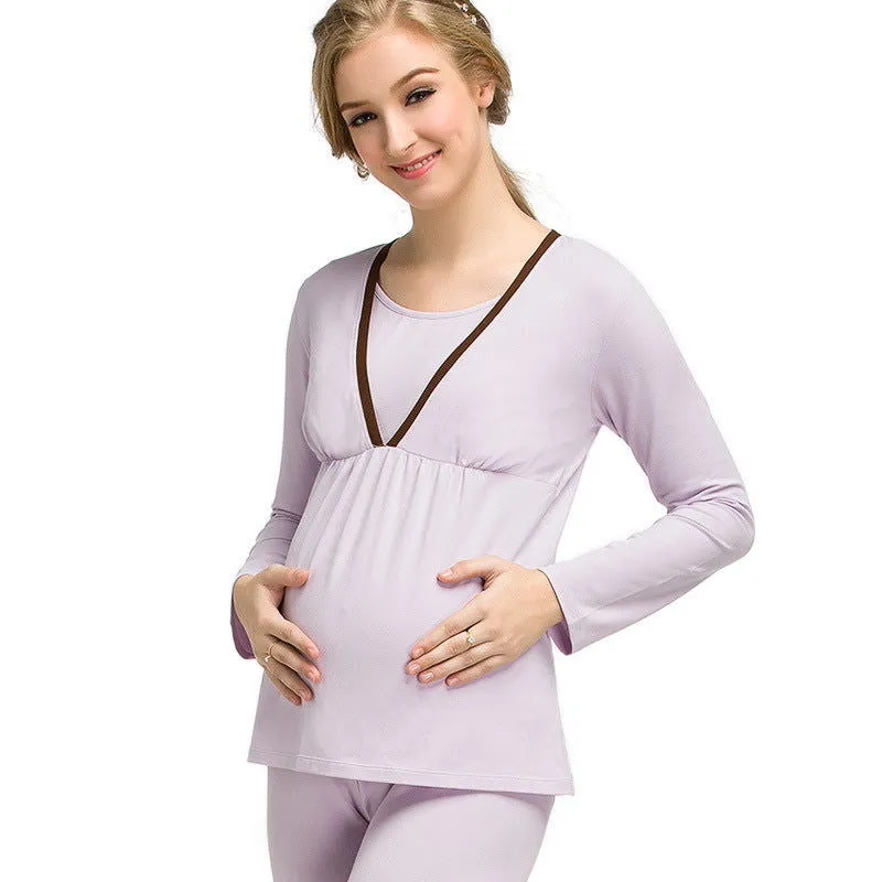 2Pcs Maternity Nursing Feeding Long Johns Set