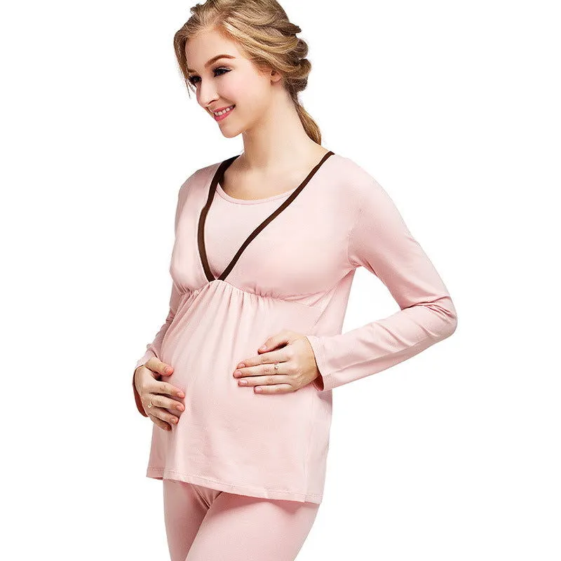 2Pcs Maternity Nursing Feeding Long Johns Set