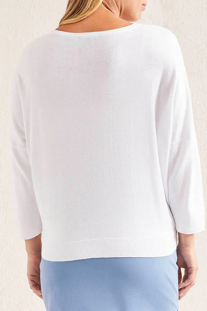 3/4 Sleeve Scoop Neck Sweater in White by Tribal