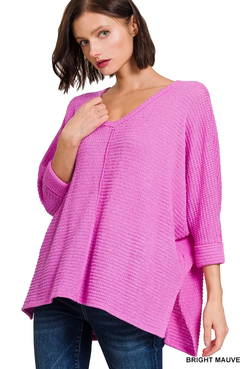 3/4 Sleeve V-Neck Waffle Top - Bright Mauve