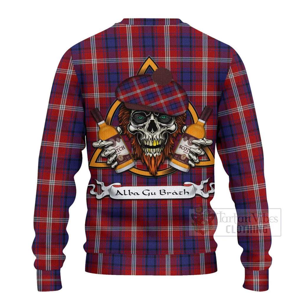 Ainslie Tartan Ugly Sweater with Family Crest and Bearded Skull Holding Bottles of Whiskey