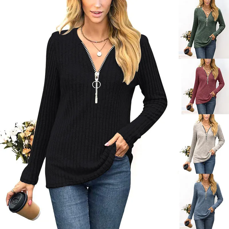 Autumn/Winter New Women's Wear Chest Zipper Pleated Casual Long Sleeve T-shirt Top