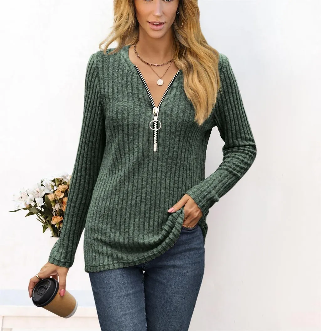 Autumn/Winter New Women's Wear Chest Zipper Pleated Casual Long Sleeve T-shirt Top