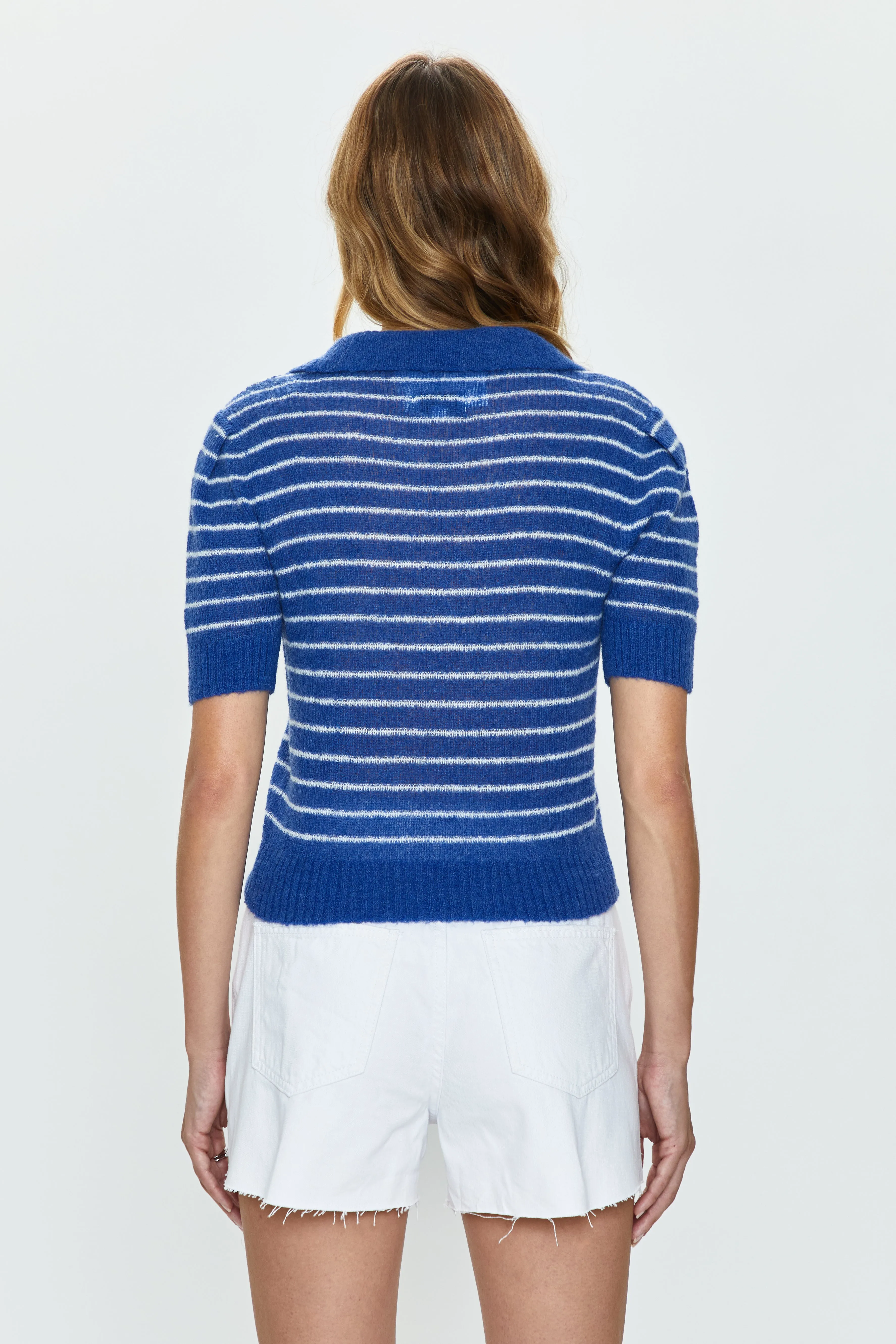 Billie Pleat Sleeve Polo -  Blue White Stripe