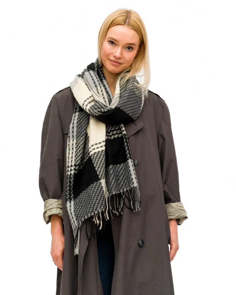 Black and Ivory Plaid Blanket Scarf