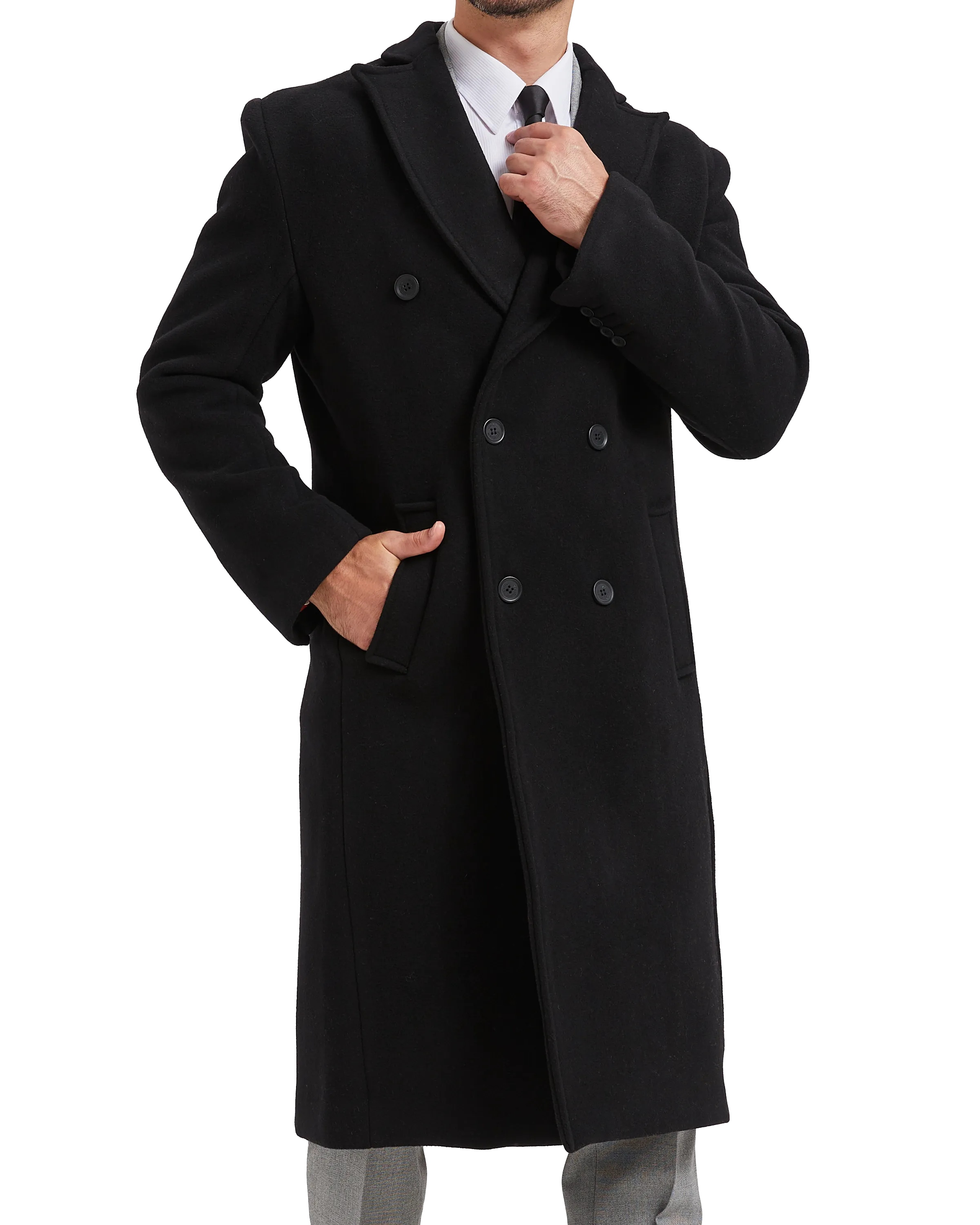 Black Double Breasted Wool Cashmere Long Overcoat Red Lining