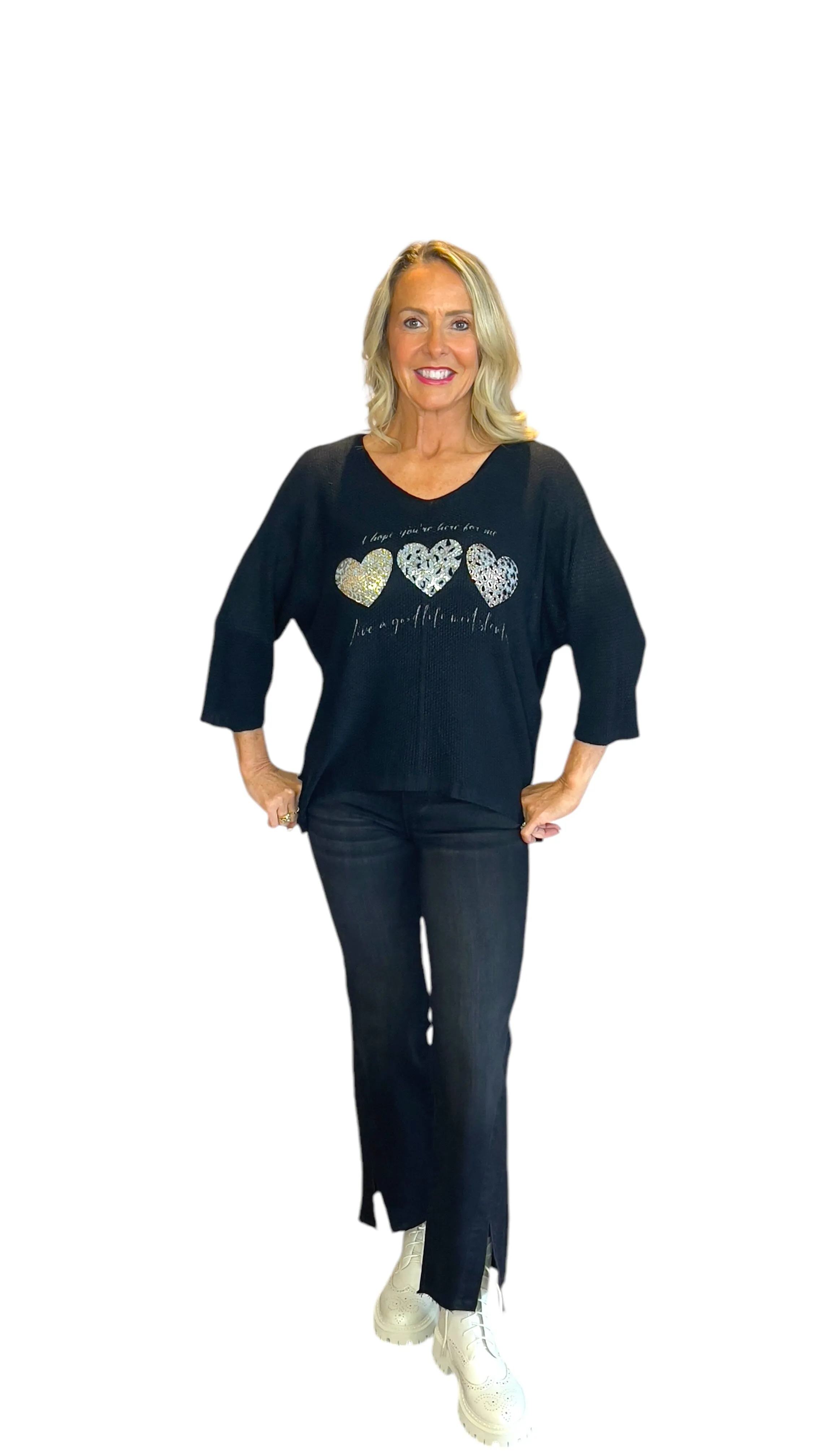 BLACK METALLIC HEART LEOPARD LOOSE OPEN KNIT SWEATER