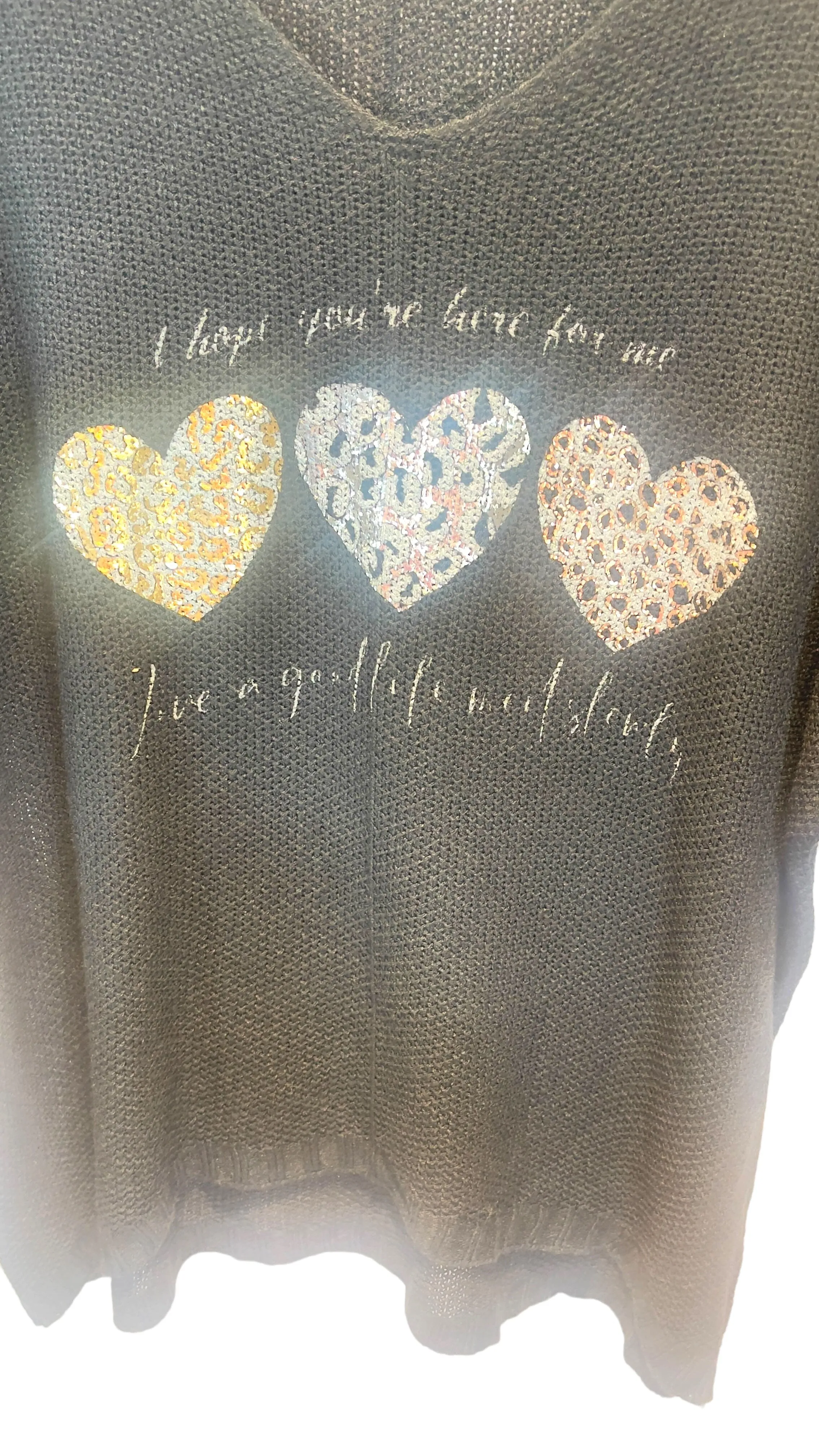 BLACK METALLIC HEART LEOPARD LOOSE OPEN KNIT SWEATER