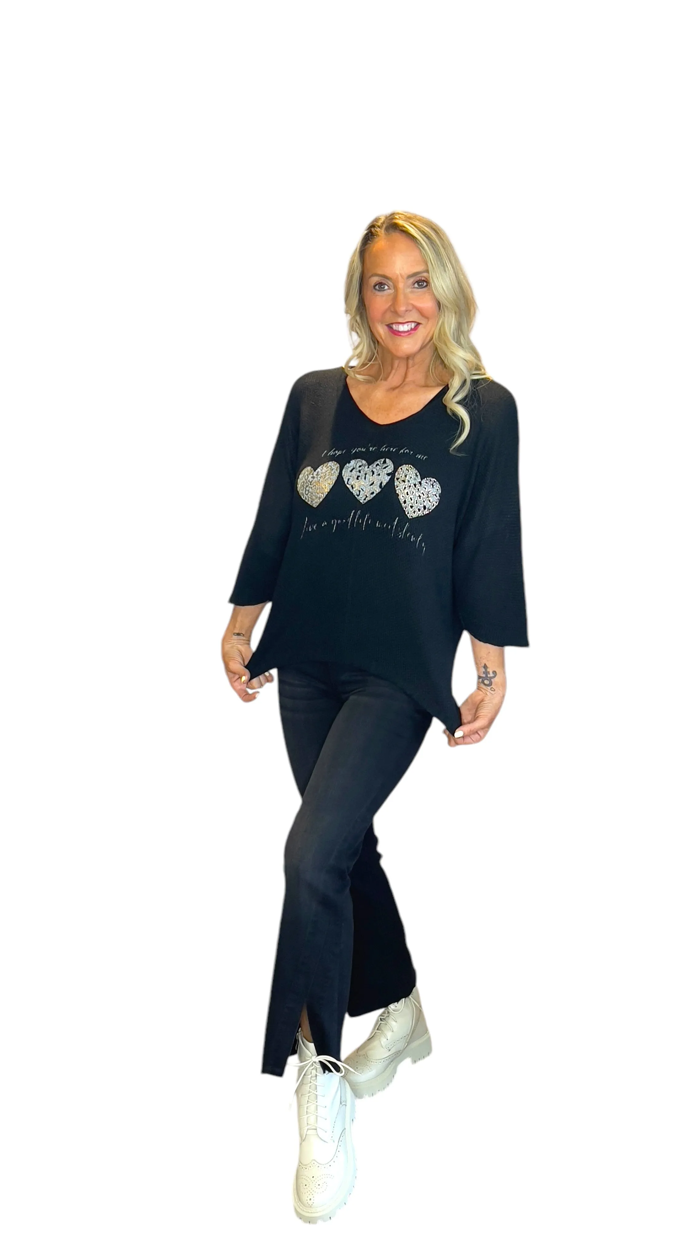 BLACK METALLIC HEART LEOPARD LOOSE OPEN KNIT SWEATER