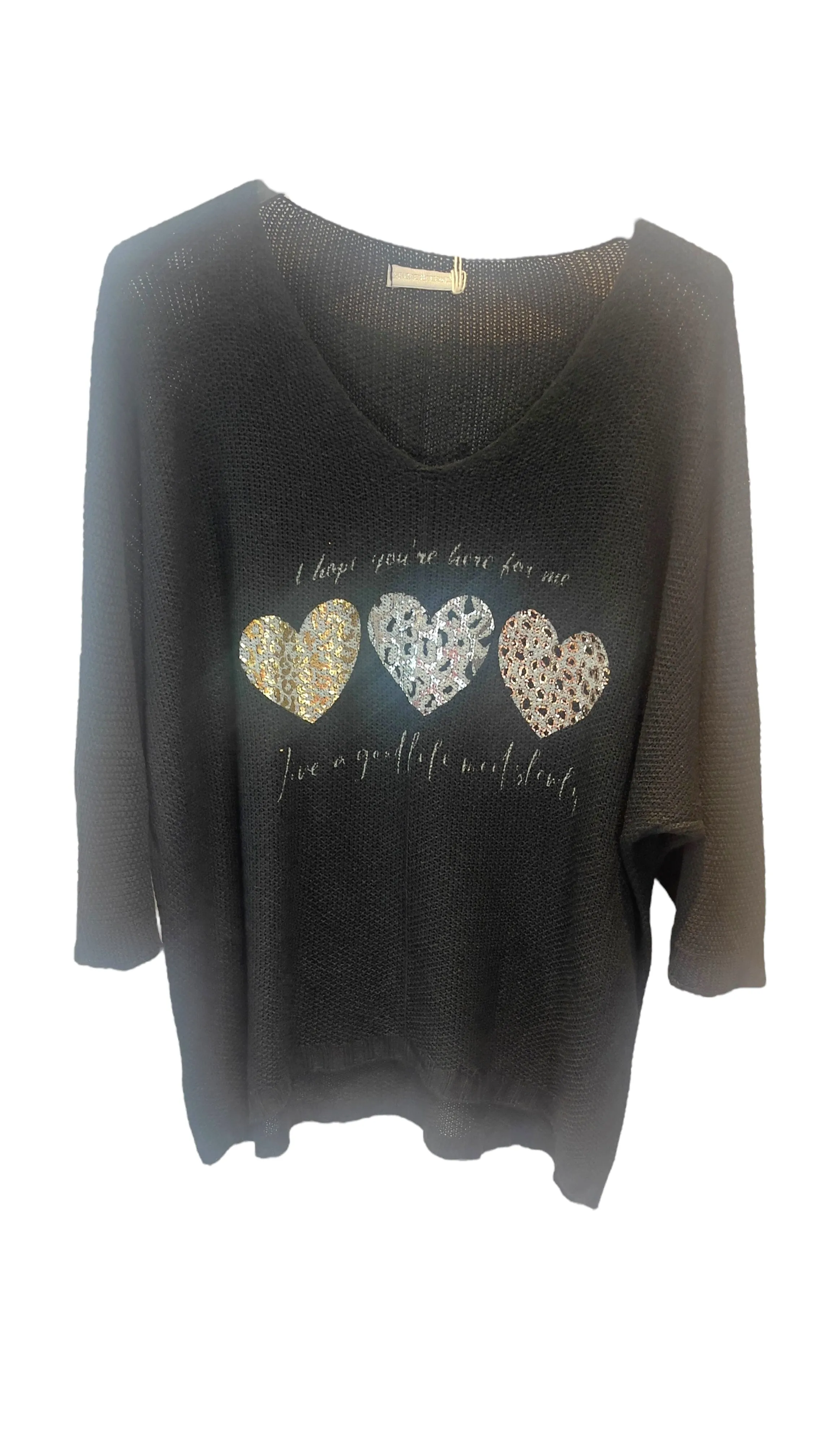 BLACK METALLIC HEART LEOPARD LOOSE OPEN KNIT SWEATER