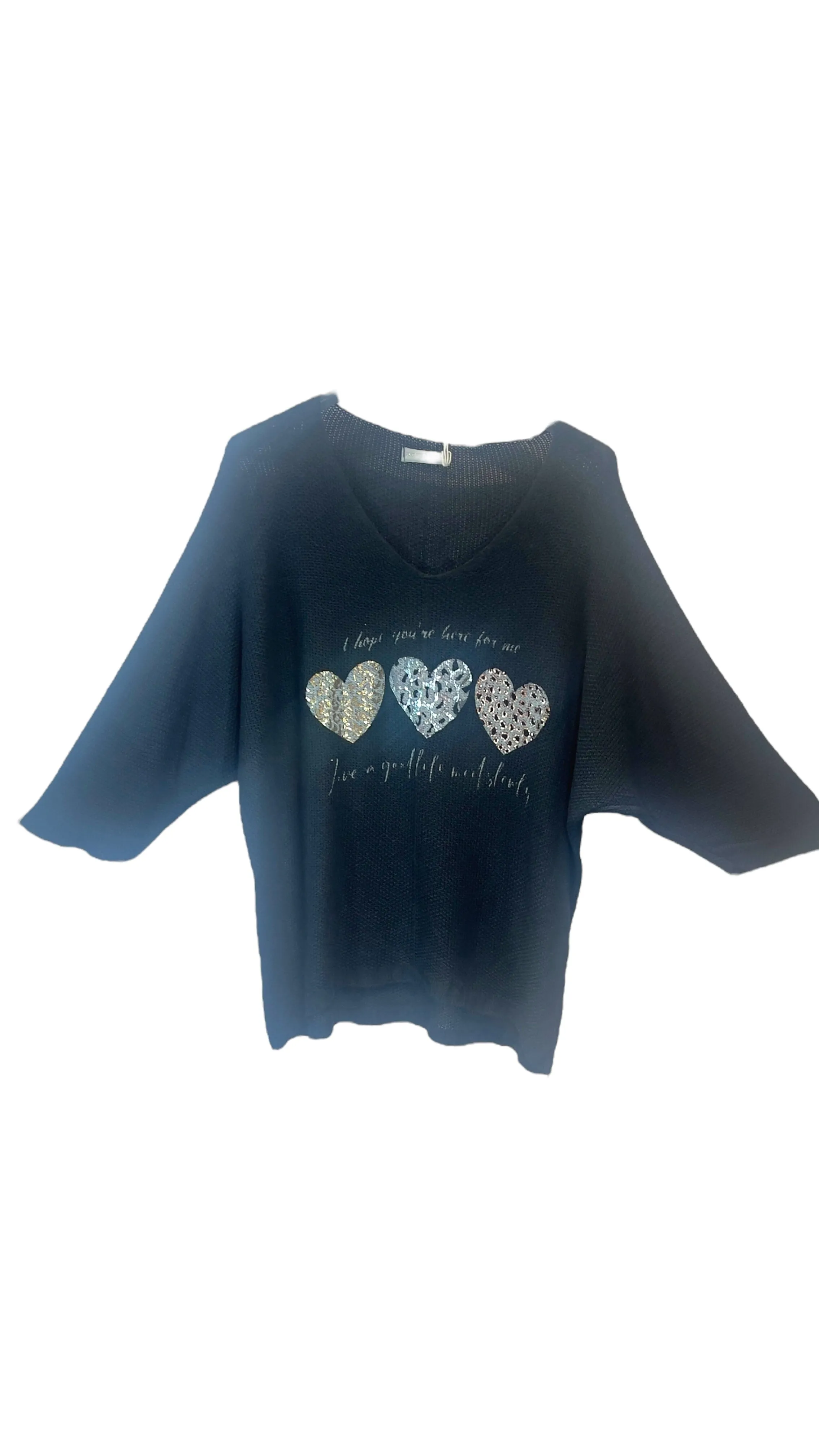 BLACK METALLIC HEART LEOPARD LOOSE OPEN KNIT SWEATER