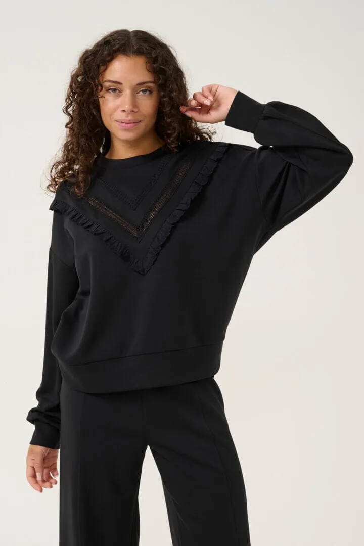 BLACK SWEATSHIRT WITH RUFFLE FRONT