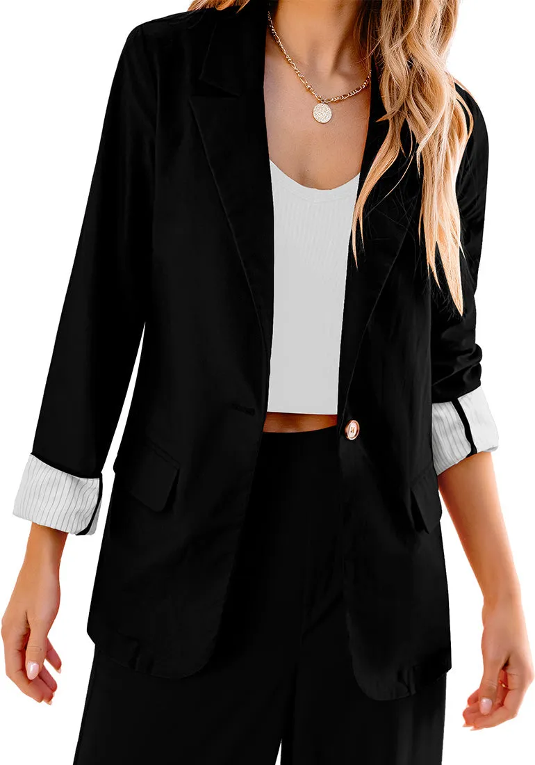 Black Women's Business Casual Pocket Notched Lapels Blazer Long Rolled Up Sleeve Blazer