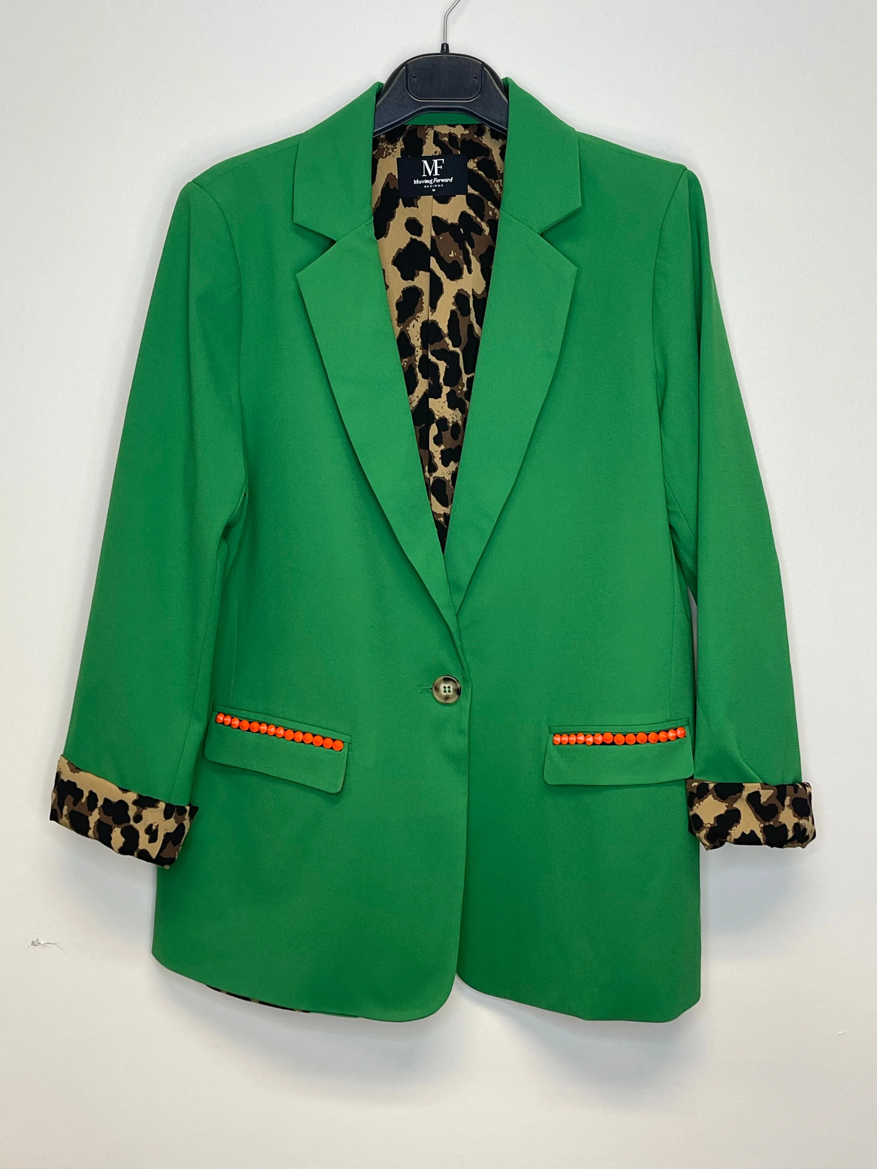 Blazer, Leopard Lined Green, Orange Studs on Pockets