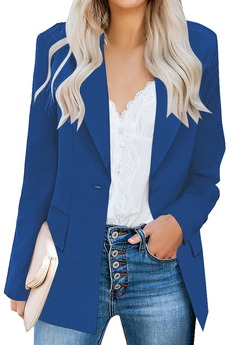 Blue Lapel Front-Button Side-Pockets Blazer