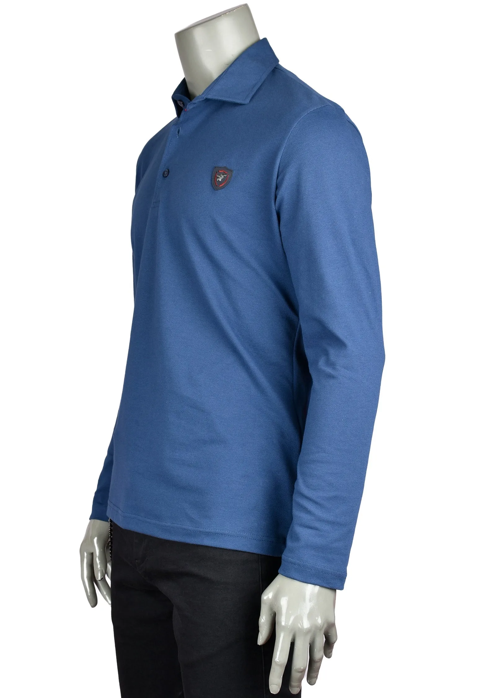 Blue Long Sleeve Polo in Fine Pique