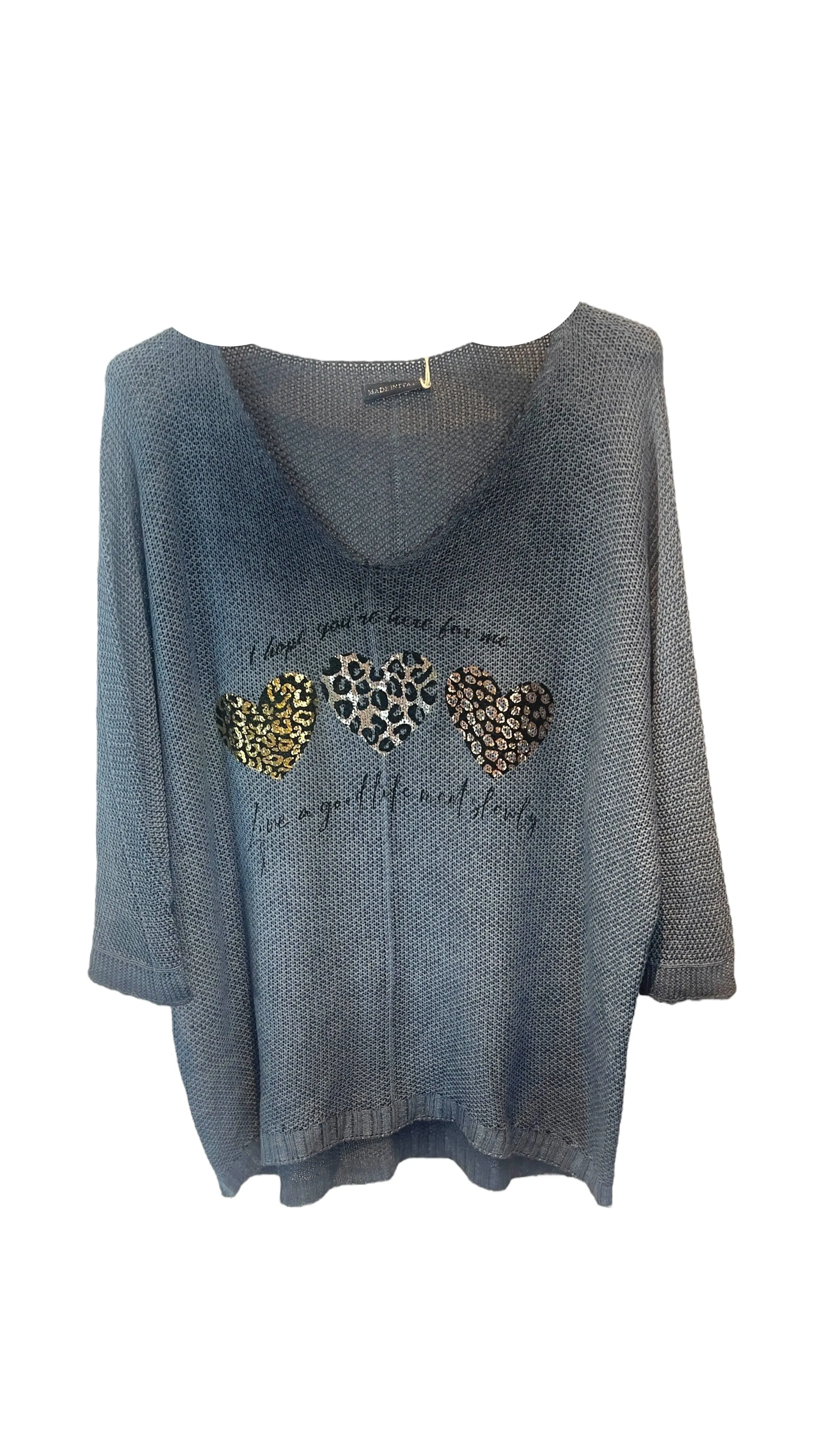 BLUE METALLIC HEART LEOPARD LOOSE OPEN KNIT SWEATER