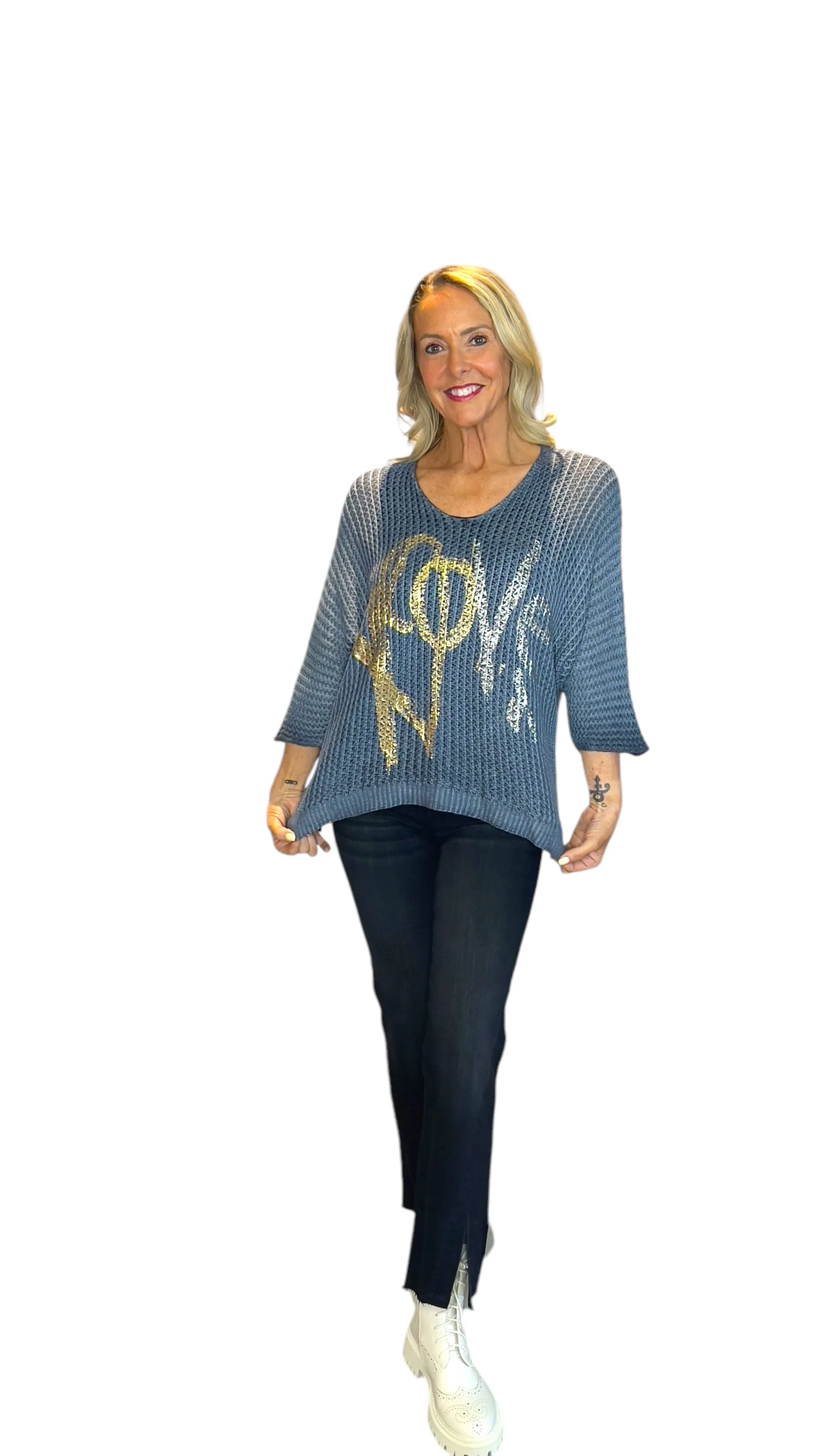 BLUE METALLIC HEART LEOPARD LOOSE OPEN KNIT SWEATER