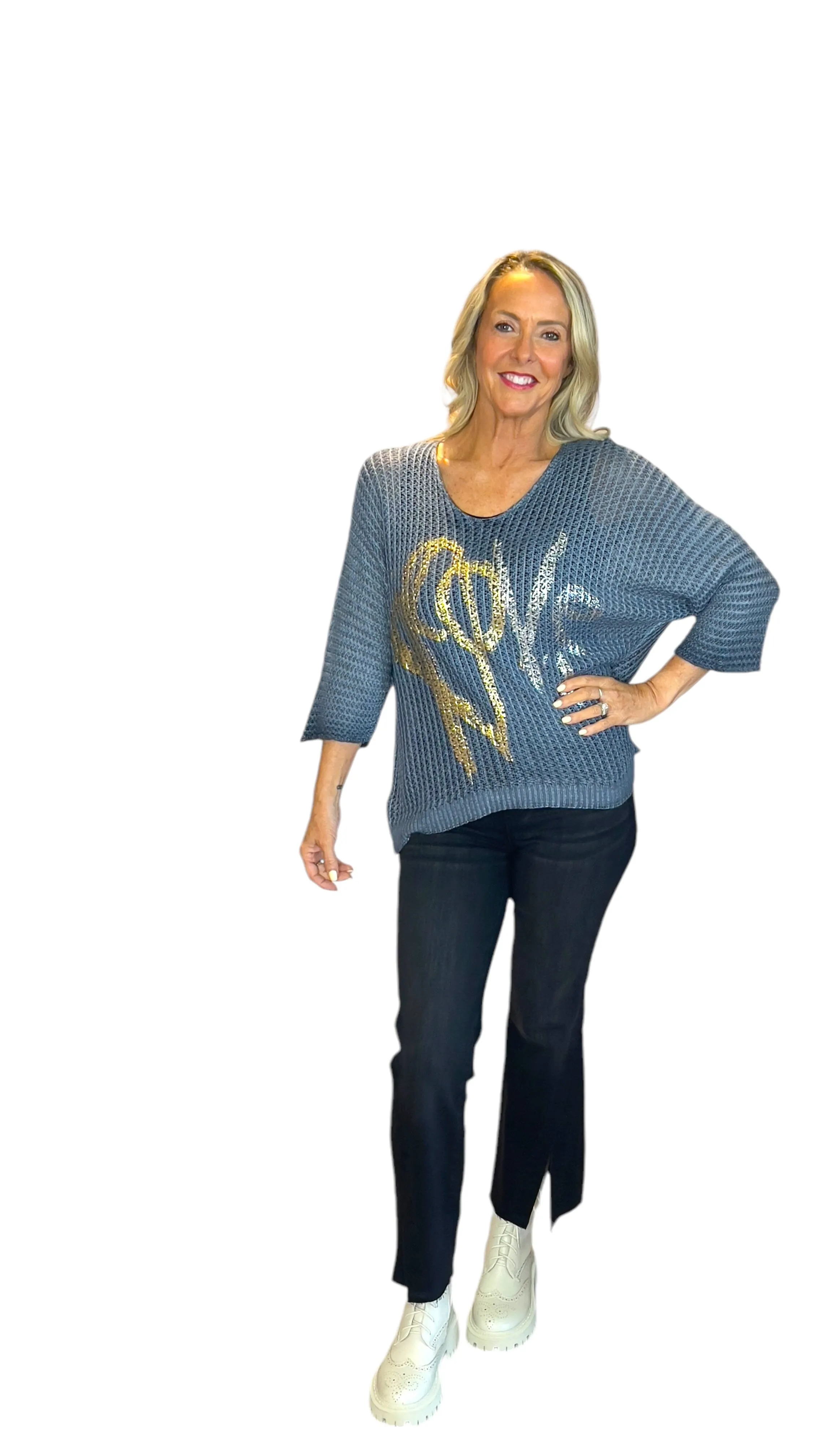 BLUE METALLIC HEART LEOPARD LOOSE OPEN KNIT SWEATER