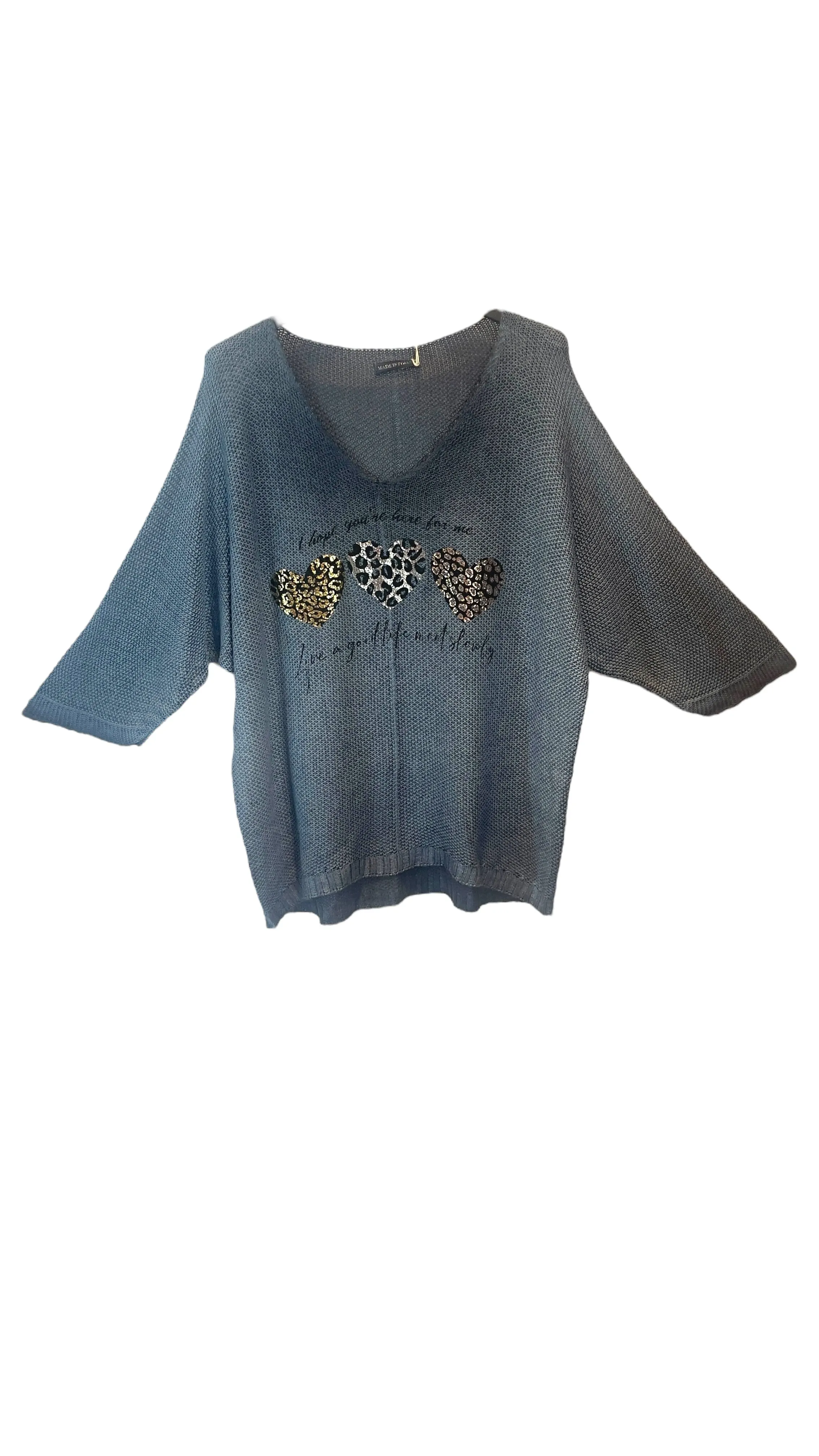 BLUE METALLIC HEART LEOPARD LOOSE OPEN KNIT SWEATER