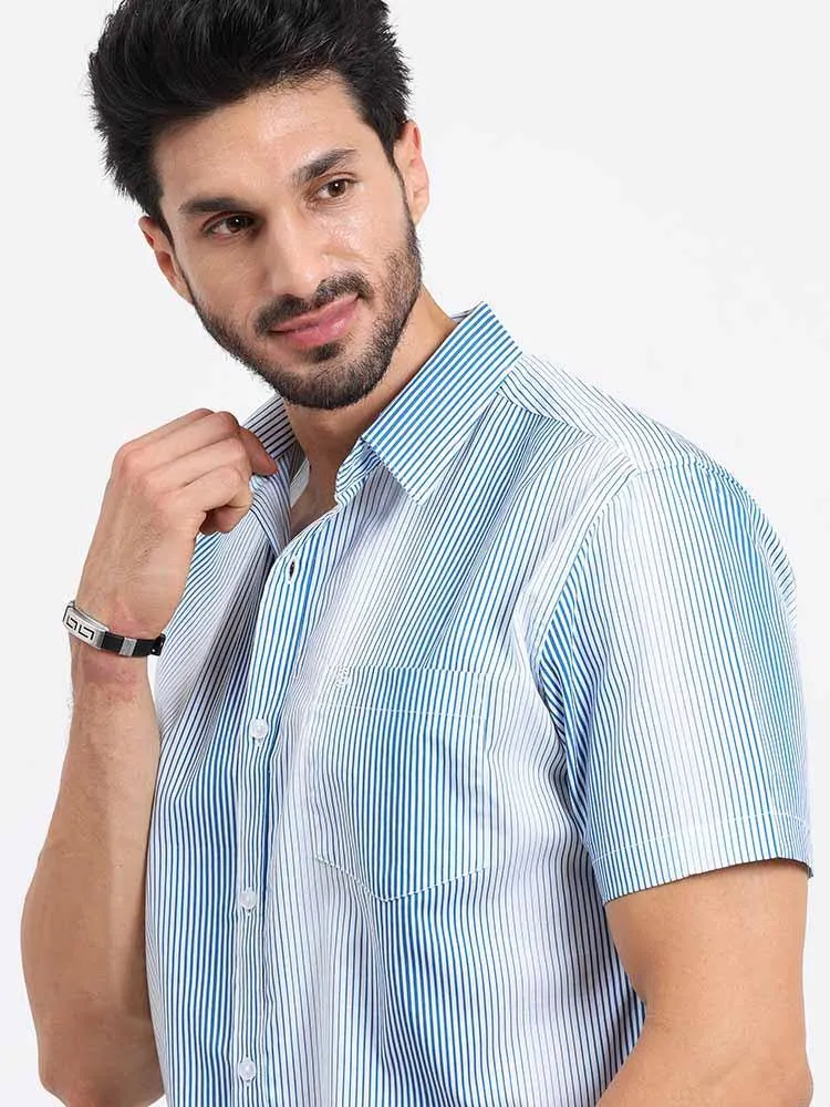 Blue White Stripe Printed Half Sleeve Shirt