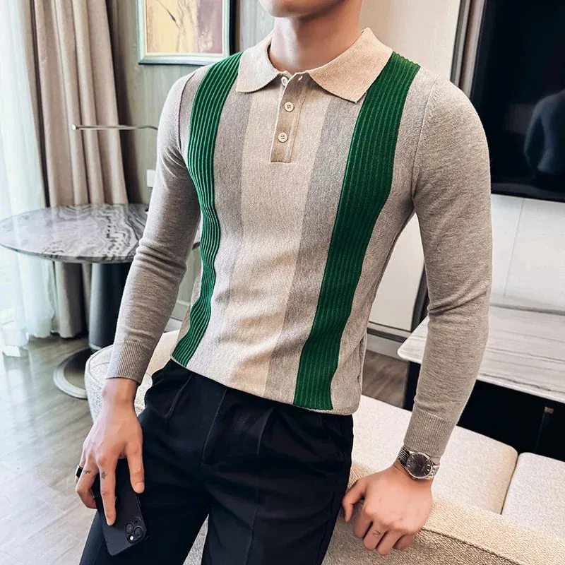 Bonsir Autumn Winter Men's Knitted Polo Shirts Luxury Long Sleeve Stripe Business Casual Zipper T-shirts Fashion Slim Fit Man Sweater