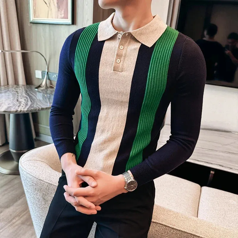 Bonsir Autumn Winter Men's Knitted Polo Shirts Luxury Long Sleeve Stripe Business Casual Zipper T-shirts Fashion Slim Fit Man Sweater