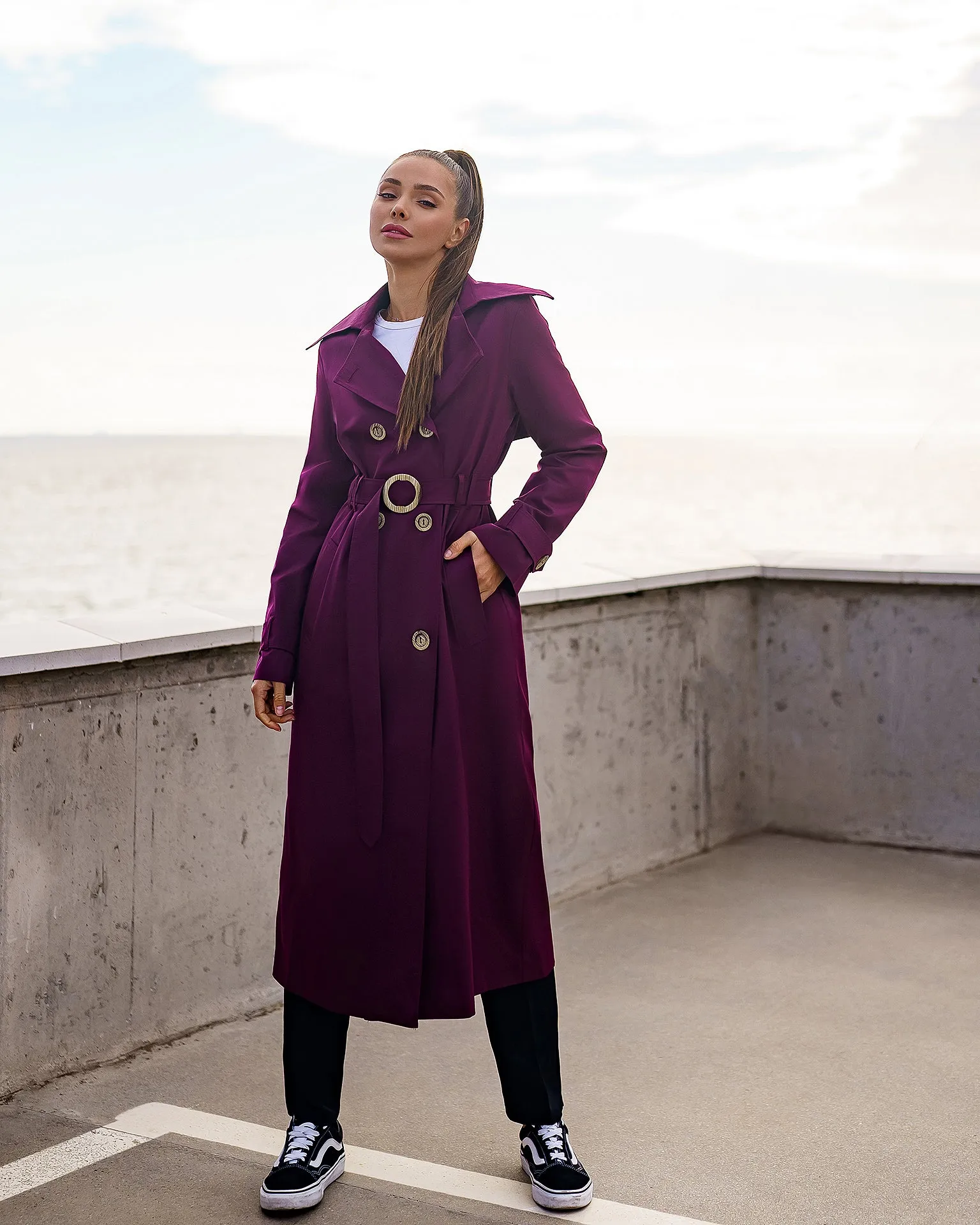 Bordeaux Double-Breasted Belted Trench Coat