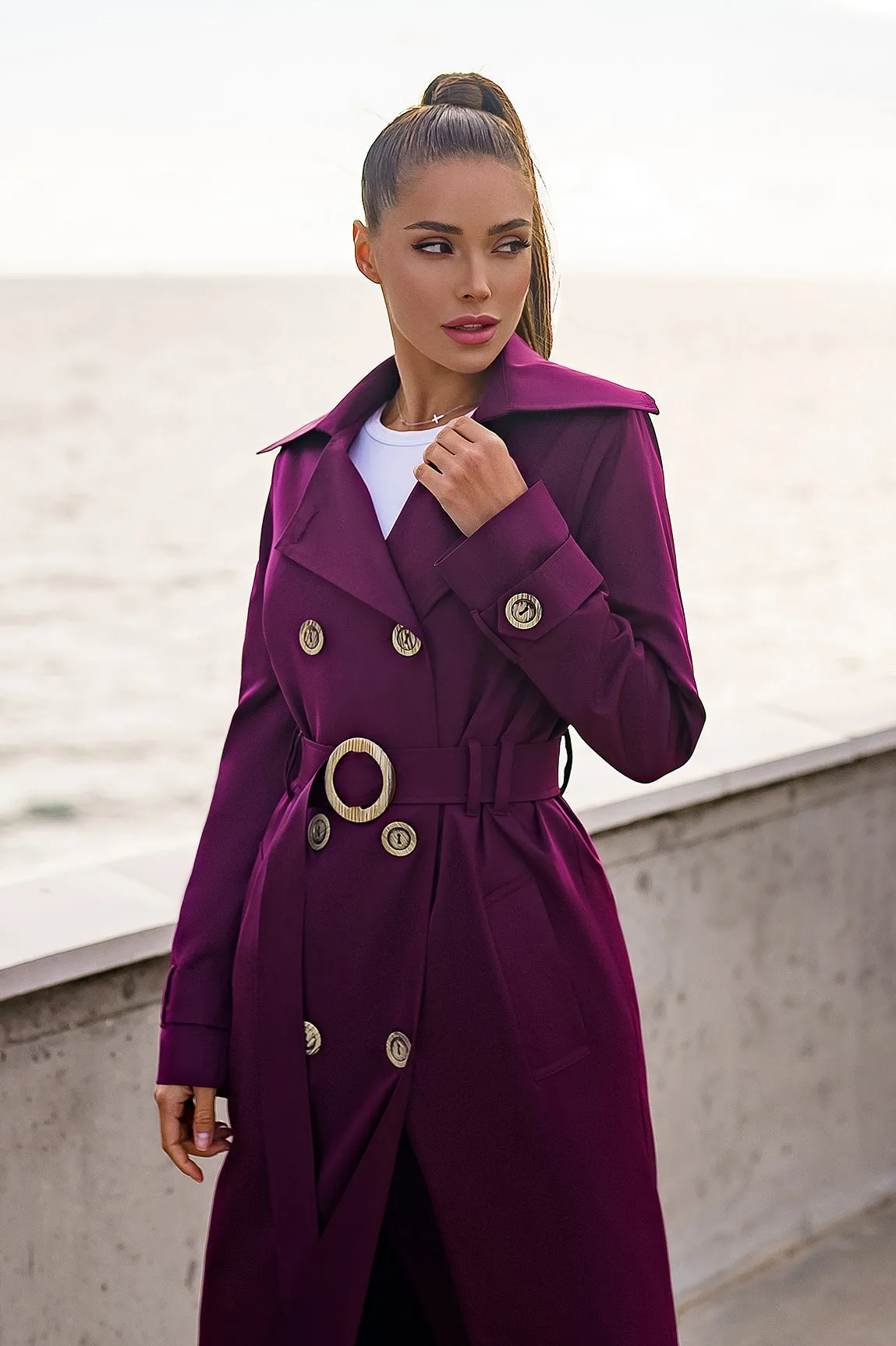 Bordeaux Double-Breasted Belted Trench Coat