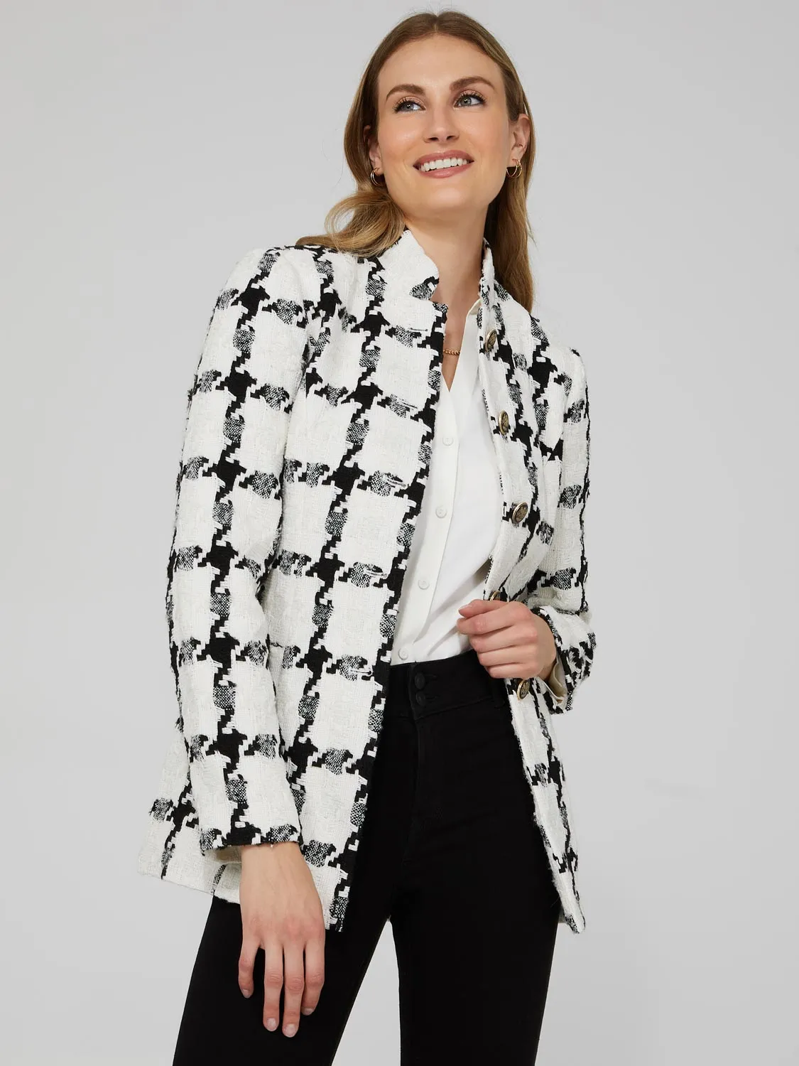 Boucle Button-Front Blazer With Mandarin Collar