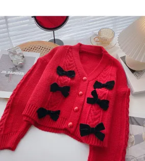 Bow Vintage small fragrance V-Neck Sweater Coat  6204