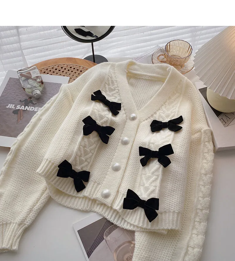 Bow Vintage small fragrance V-Neck Sweater Coat  6204