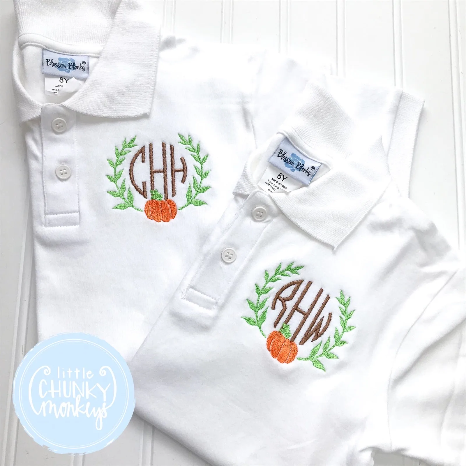 Boy Polo Shirt - Stitched Pumpkin and Vine Monogram