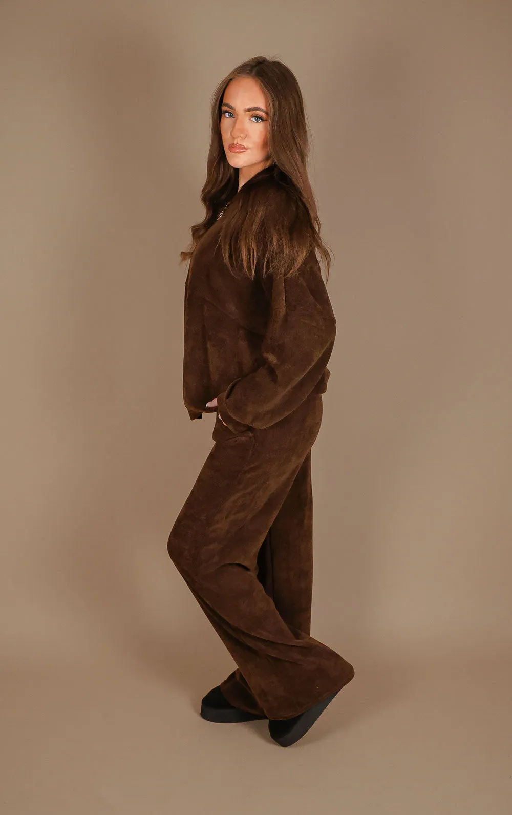 Brown Straight Leg Trouser and Zip Up Hoodie Loungewear Co-Ord