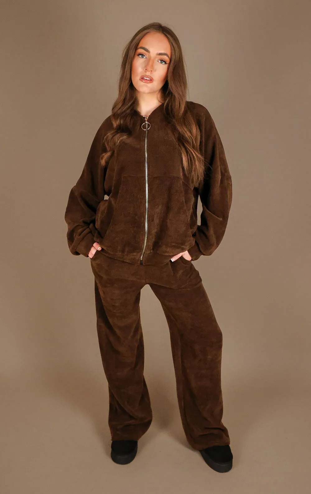 Brown Straight Leg Trouser and Zip Up Hoodie Loungewear Co-Ord