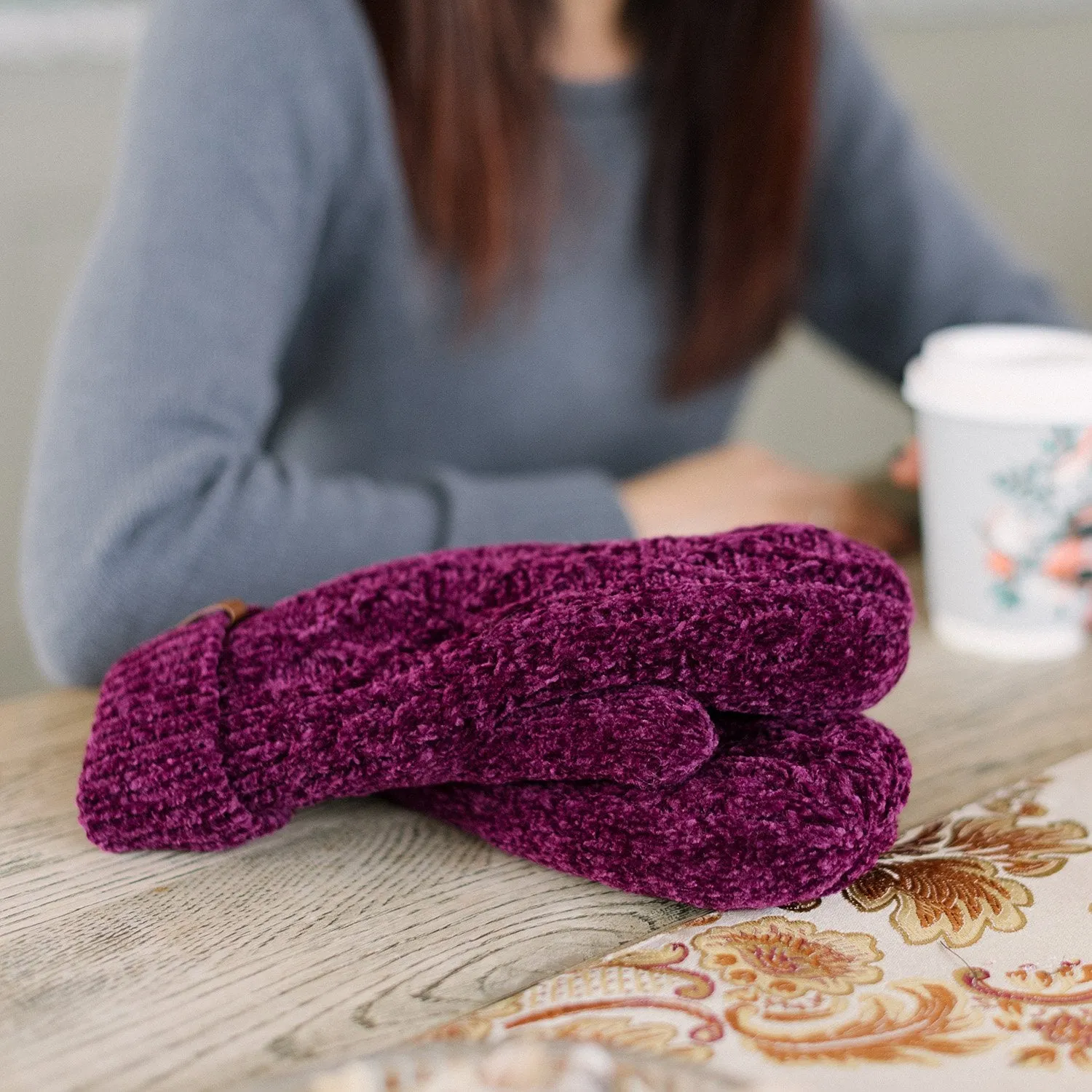 Cable Knit Dark Purple Chenille - Mittens Adult