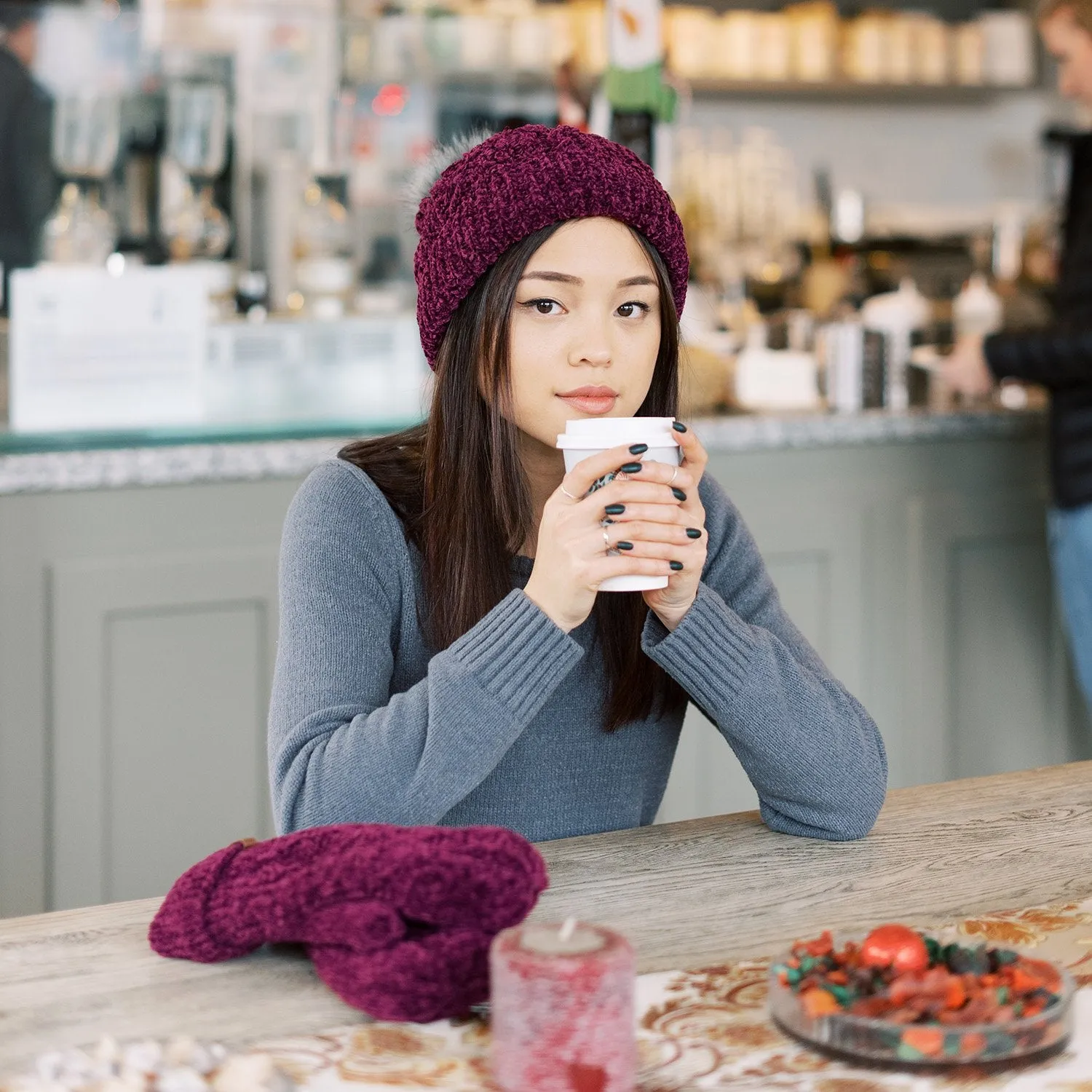 Cable Knit Dark Purple Chenille - Mittens Adult