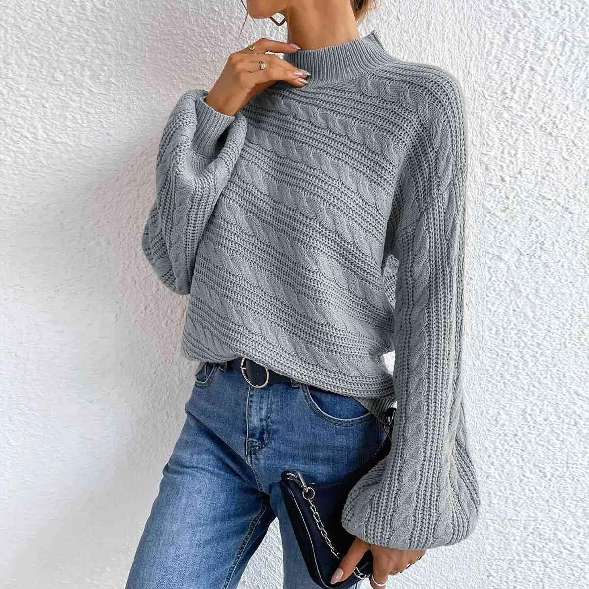 Cable-Knit Mock Neck  Long Sleeve Sweater