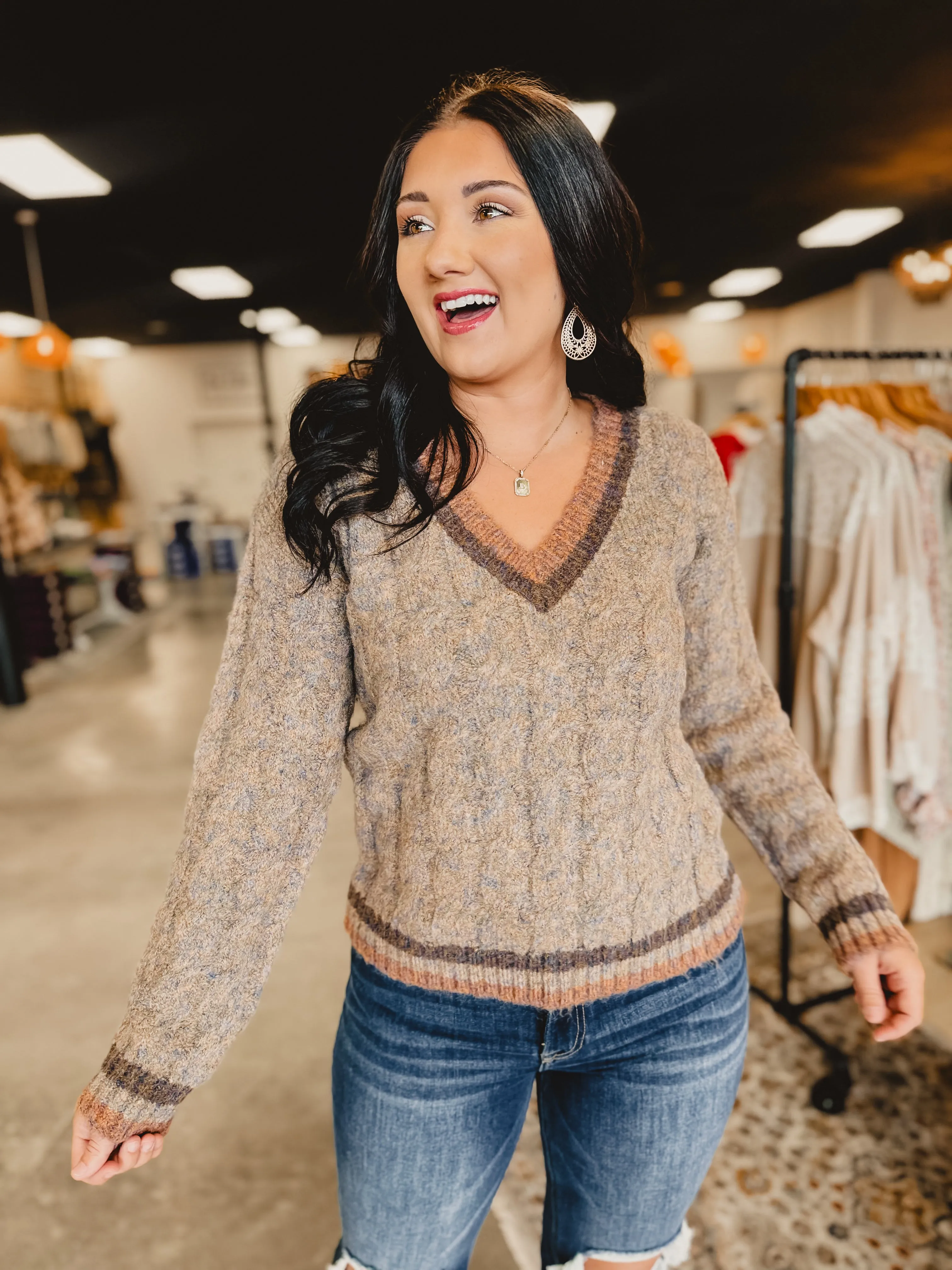 Cable Knit V-Neck Sweater - Taupe