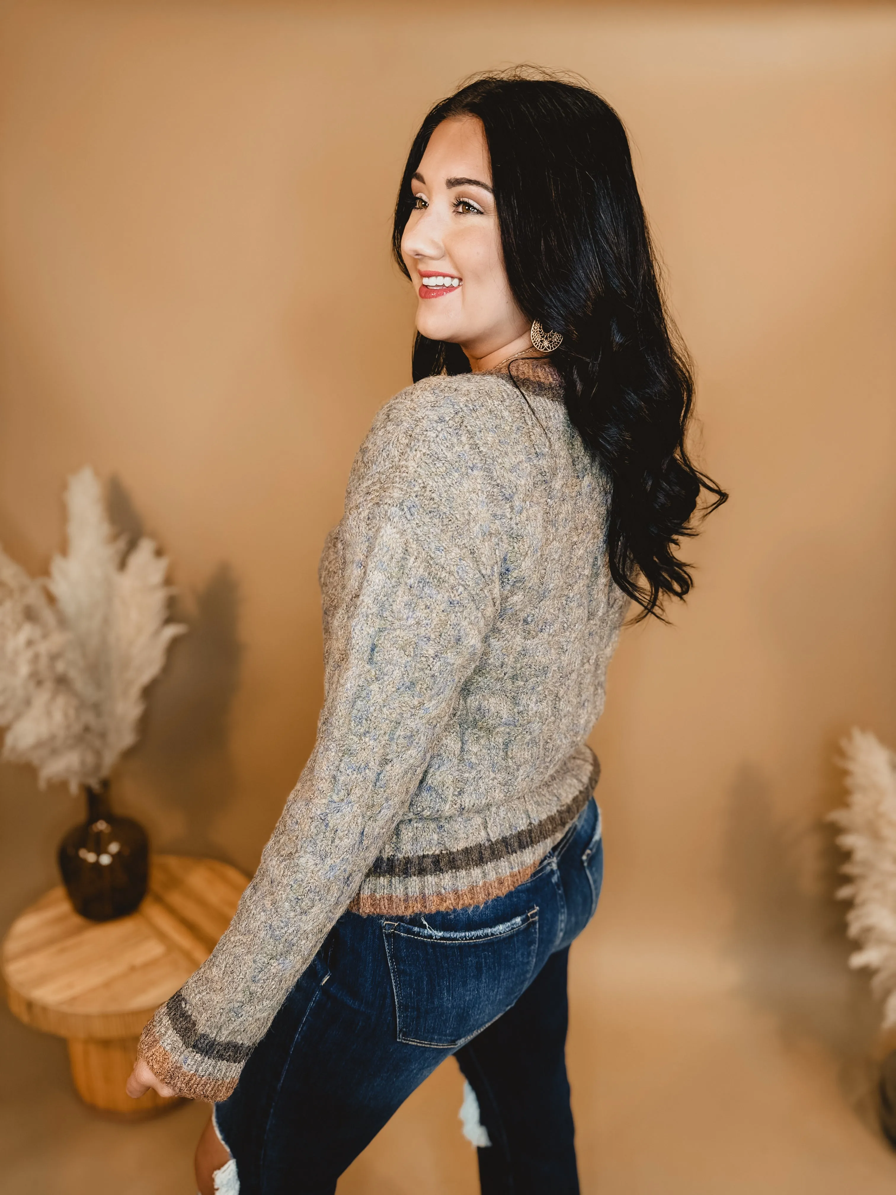 Cable Knit V-Neck Sweater - Taupe