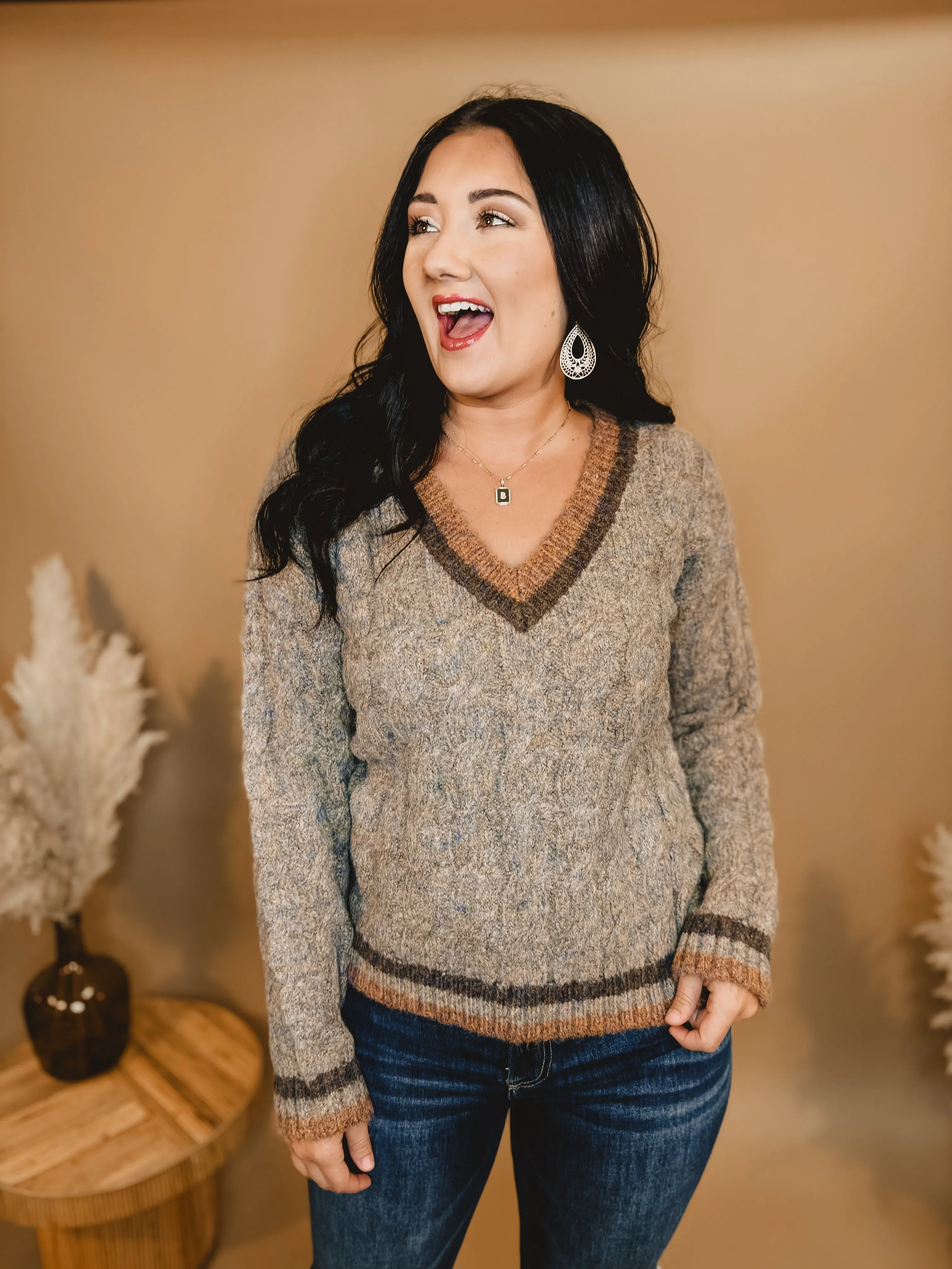 Cable Knit V-Neck Sweater - Taupe