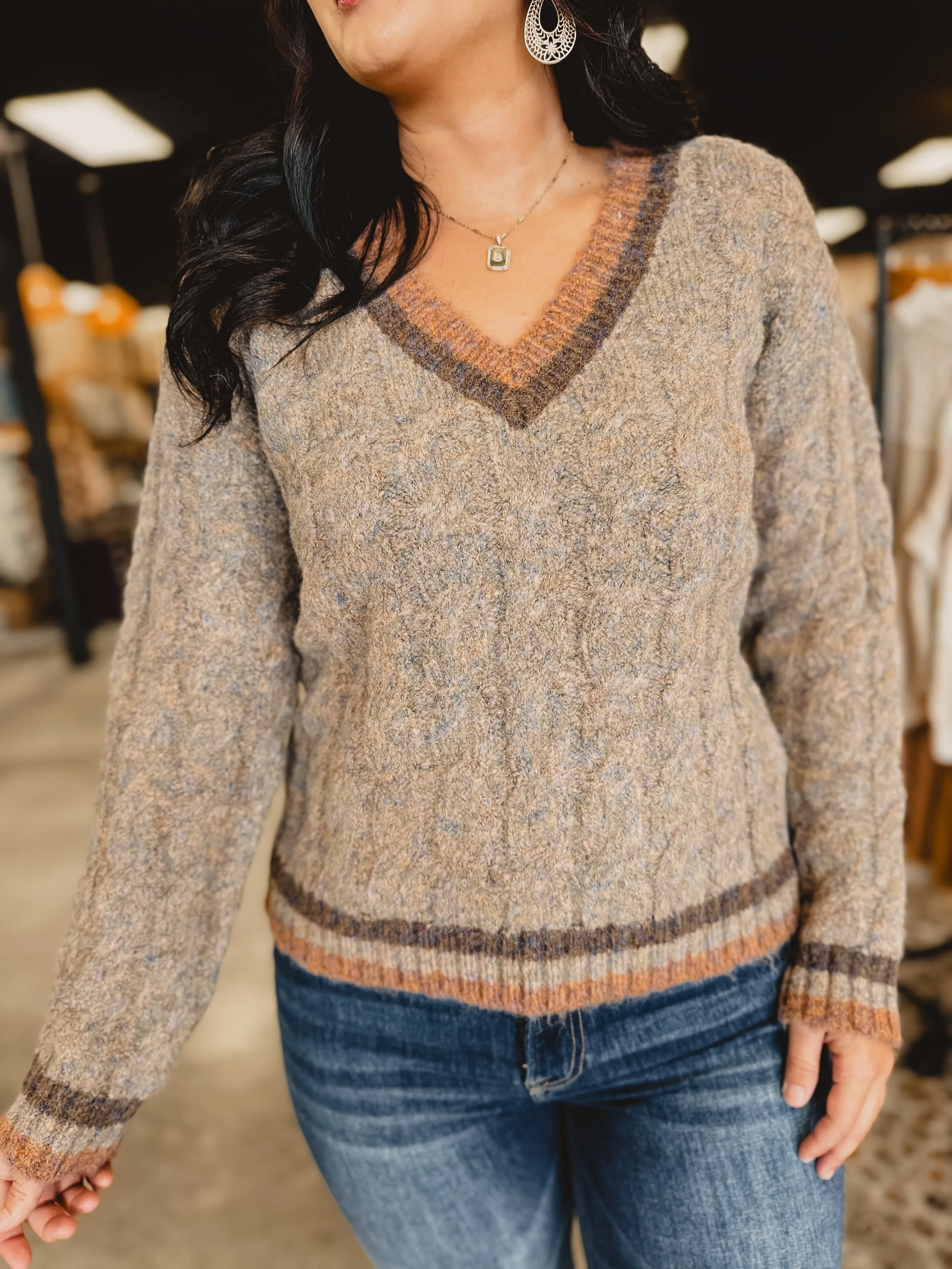 Cable Knit V-Neck Sweater - Taupe