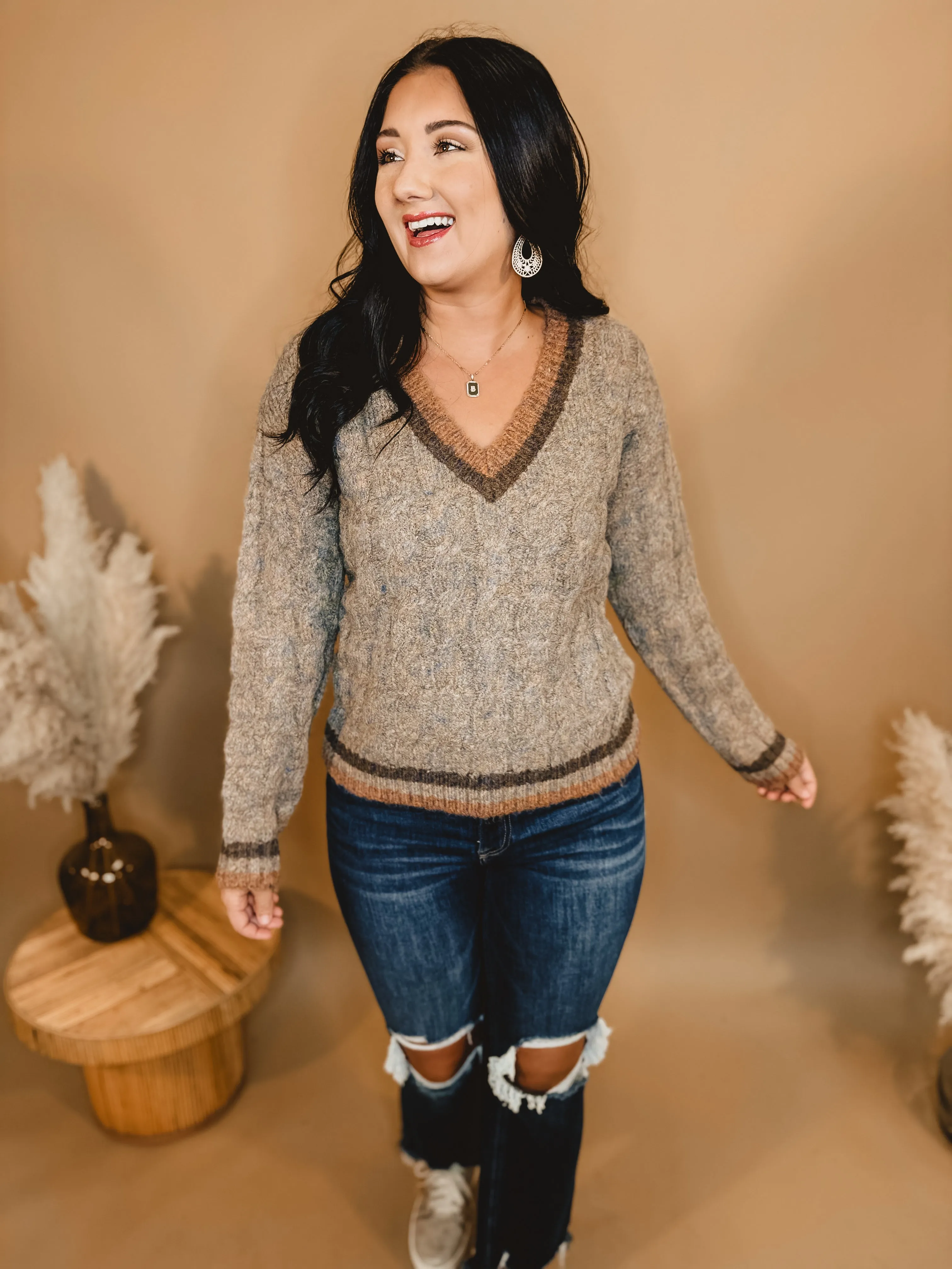 Cable Knit V-Neck Sweater - Taupe