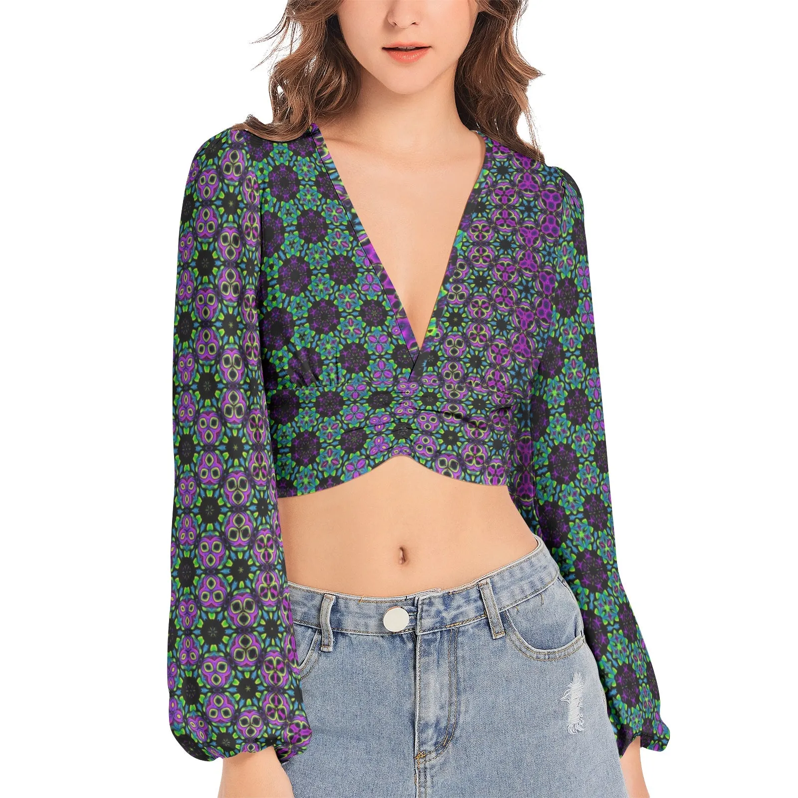 Cameron Gray | Psy Trip | Women's Deep V-Neck Lantern Sleeve Crop Top